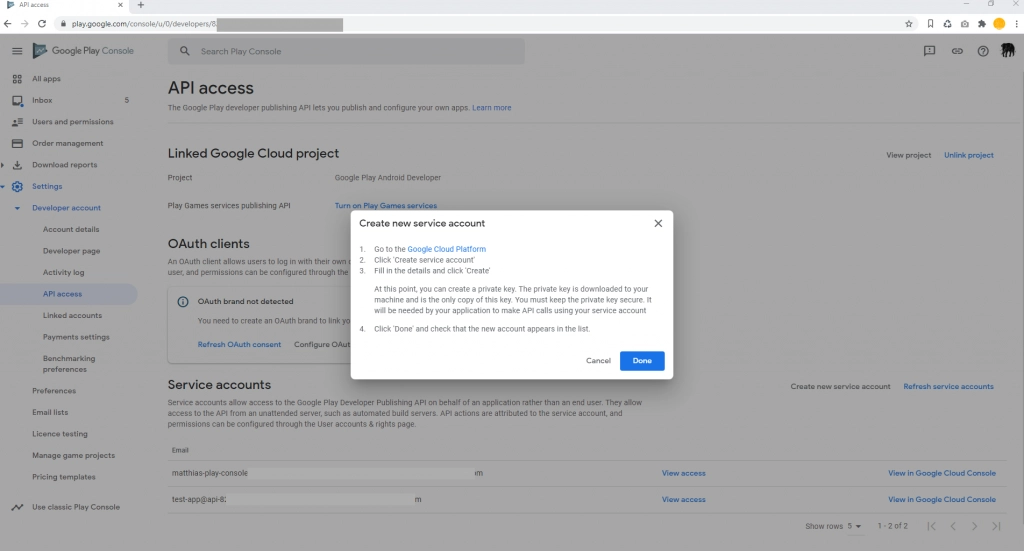 Set Google Play Access Create New