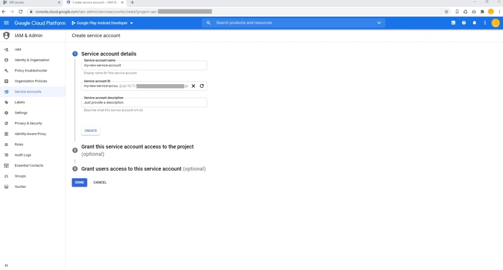 Set Google Play Access Create Service Account
