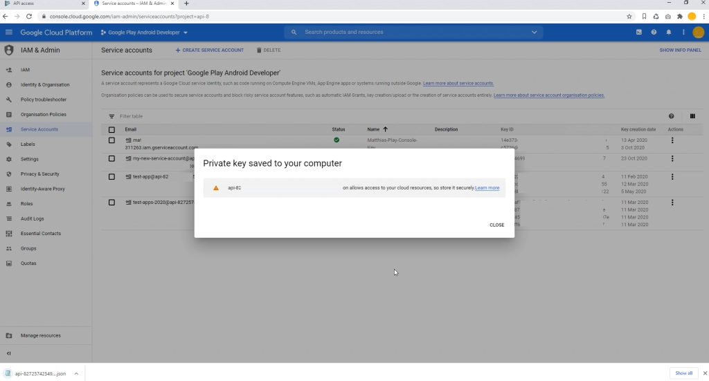 Set Google Play Access Download JSON