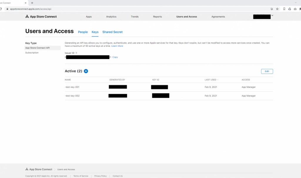 App Store Connect API access key