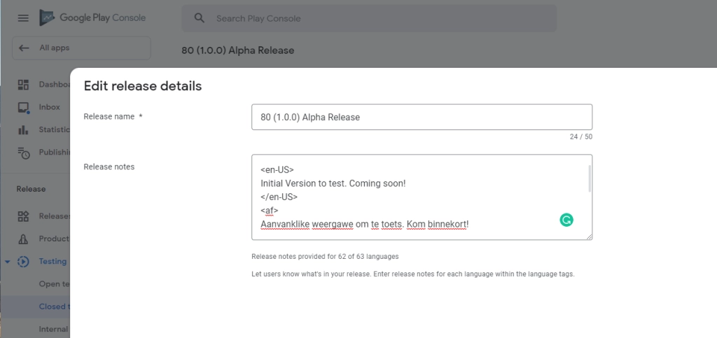 Set up Android Release Notes in Google Play