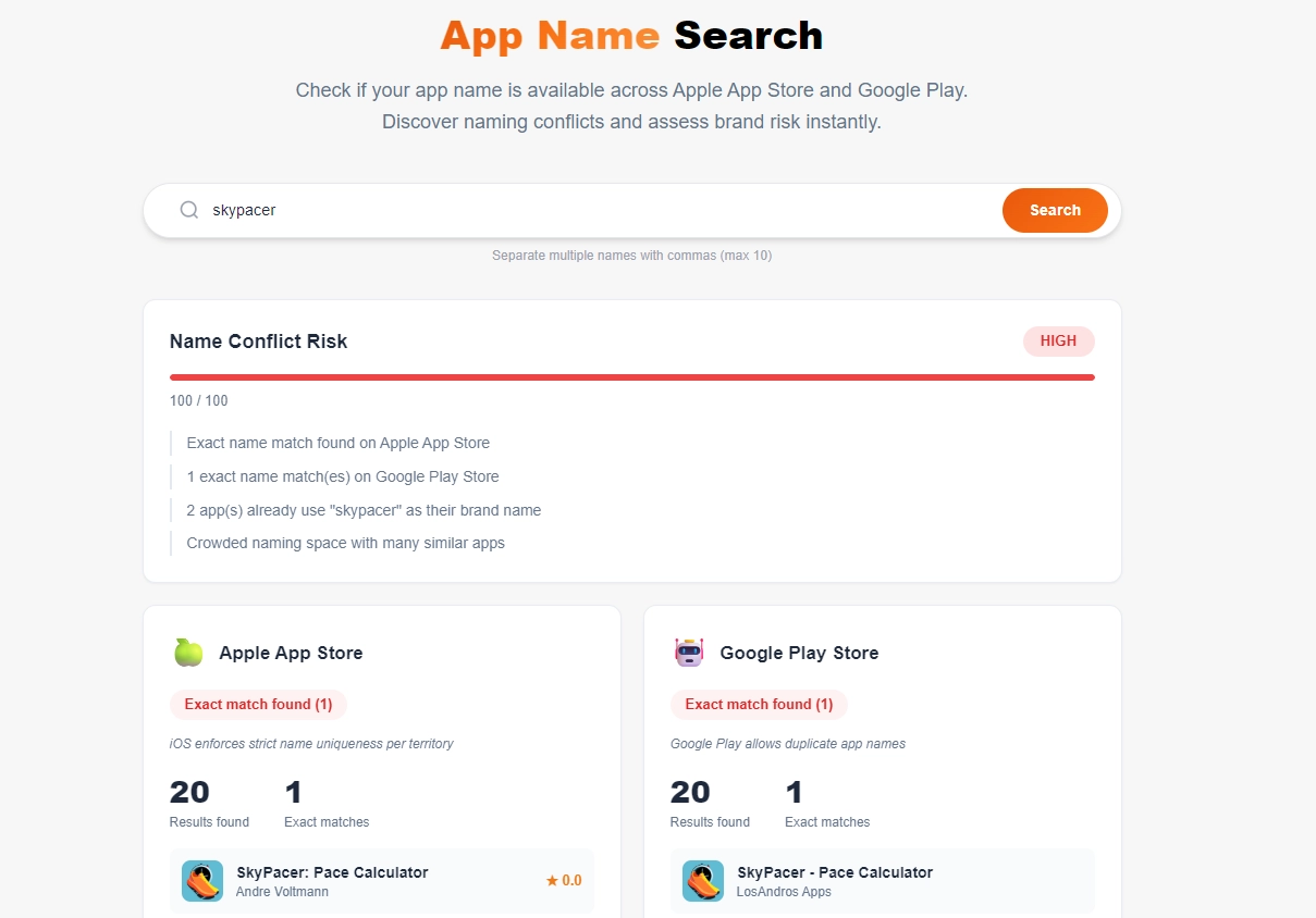 App Name Search tool showing cross-store results with conflict risk scoring