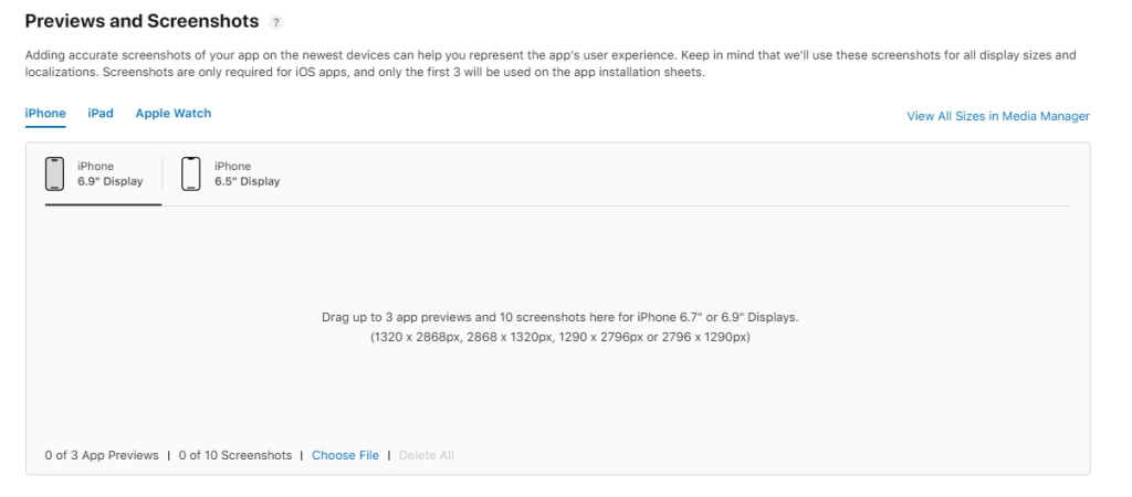 Ne App Store Connect, with changed resolutions