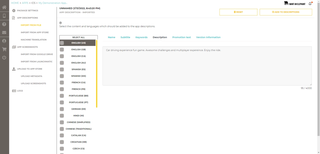 File import for app descriptions