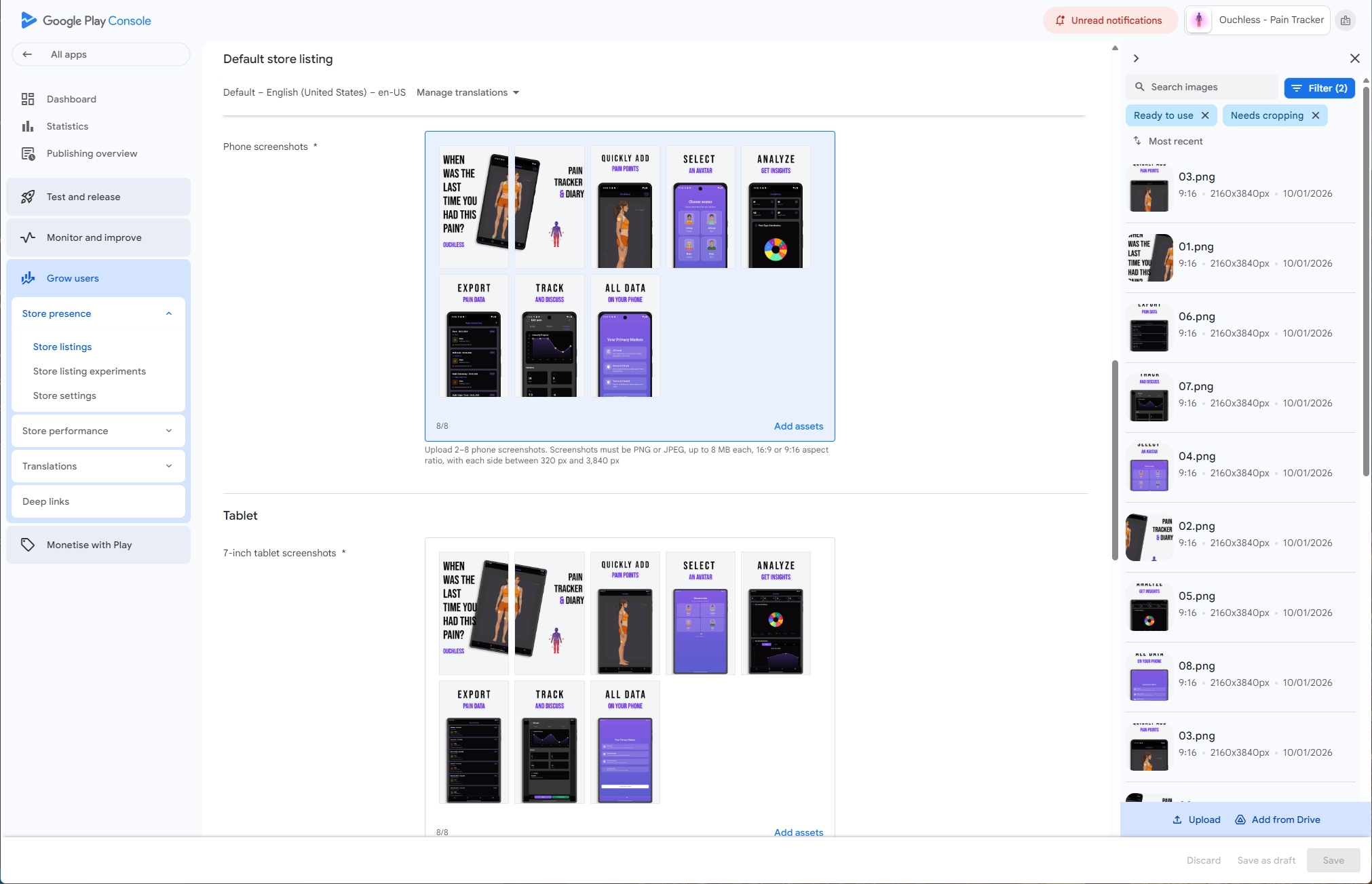 Google Play Console Asset Library Interface