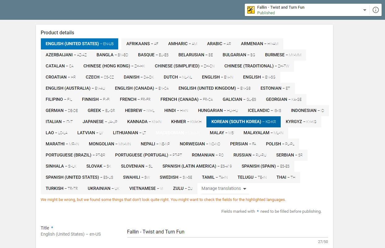 Languages within the Google Play Console
