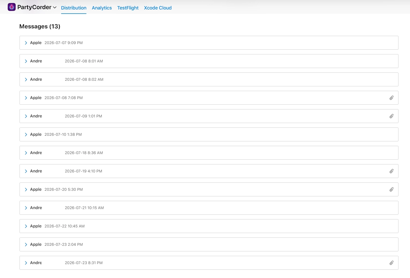 App Store Connect showing 13 messages in the PartyCorder review thread