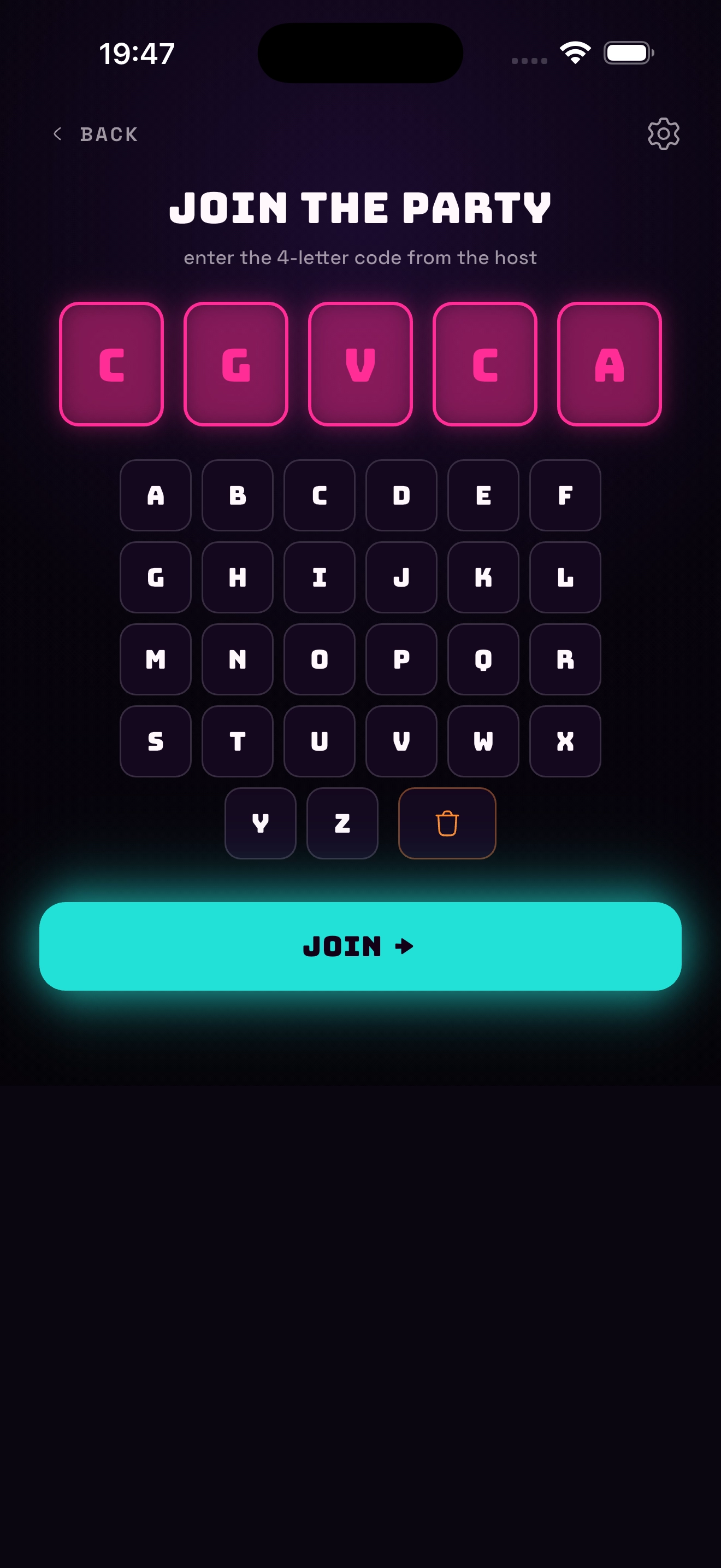 PartyCorder join screen — entering a 5-letter party code on the A–Z keypad