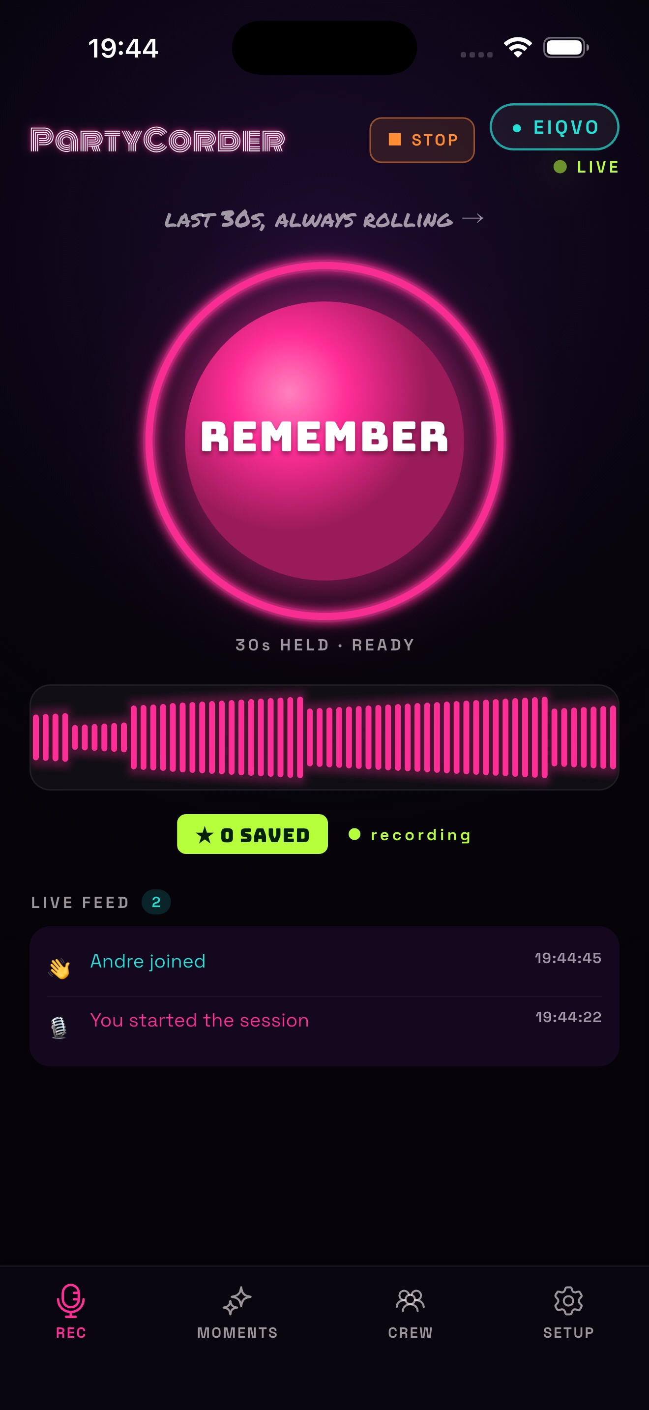 PartyCorder live session — the REMEMBER button ready to save a clip